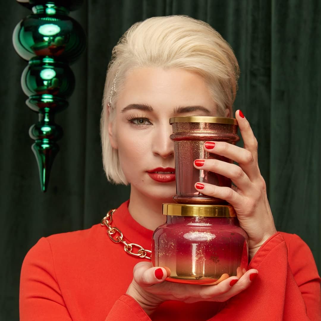 Capri Blue Glimmer Jar Candles - Luxury Holiday Scented Candles for Home - Long Lasting Soy Wax Blend - Scented Holiday & Home Decor - Tinsel & Spice Signature Jar (19 oz)