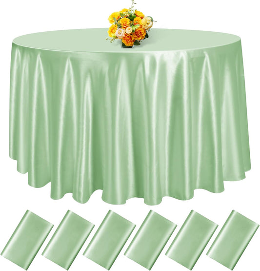 fani 6 Pack 120 Inch Sage Green Satin Tablecloth - Silky Round Tablecloth Overlay Smooth Fabric Table Cover, Bright Table Decoration for Wedding Party Banquet Events Restaurant Kitchen Dining