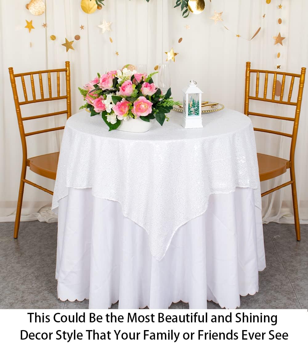 ShinyBeauty Sequin Tablecloth Square 54x54-Inch White Table Cloths for Round Table White Sequin Fabric Tablecloth Overlay Glitter Linen for Parties Small Square Tablecloth for Wedding