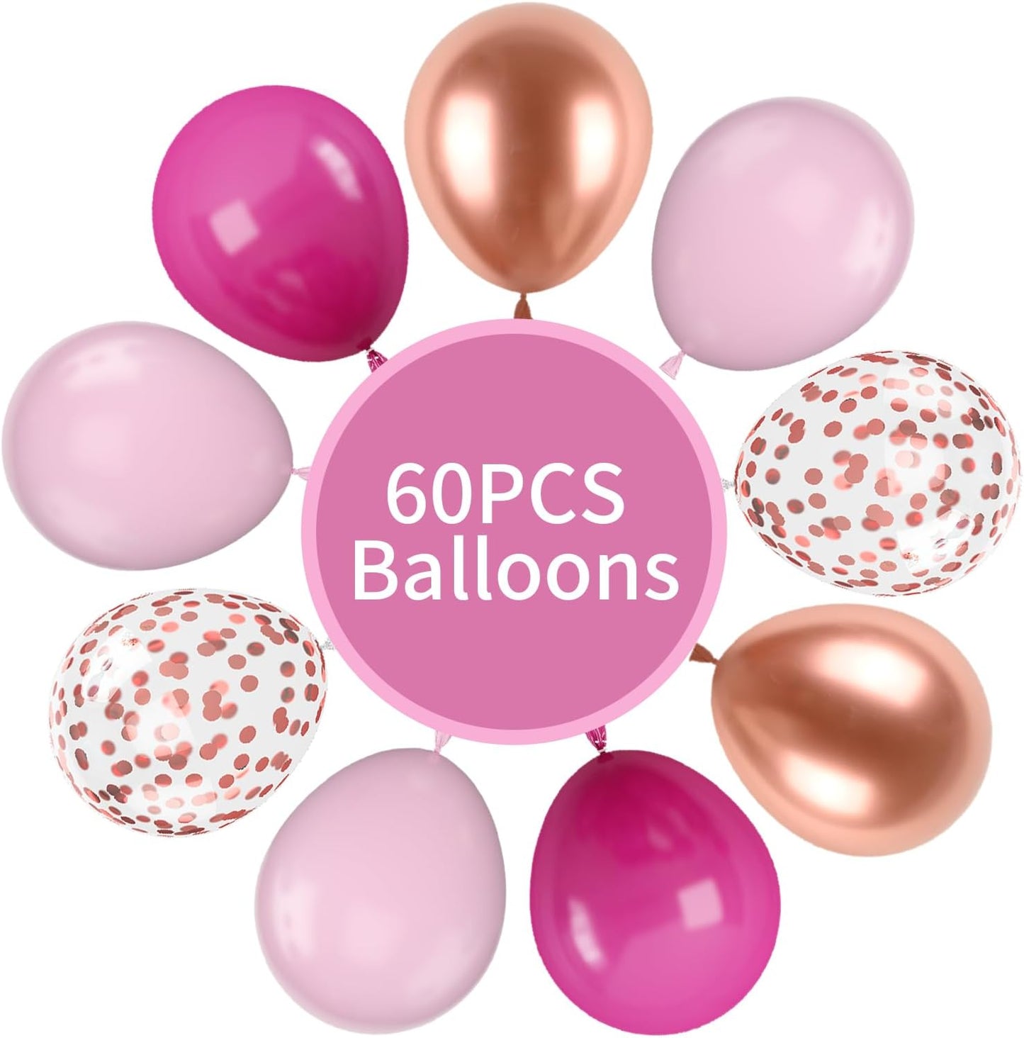 Hot Pink and Rose Gold Balloons, 60Pcs Pastel Pink Balloon, 12 Inch Metallic Rose Gold Confetti Balloons Helium Rose Red Latex Balloon for Girls Birthday Baby Shower Wedding Bridal Party Decorations