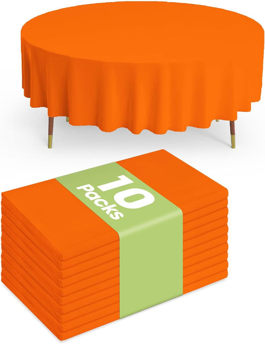 Pureegg Plastic Table Cloth Disposable 10 Pack, 84'' Round Table Cloths, Halloween Party, Thanksgiving Decorations, Harvest, Fall Tablecloths, Round Tables, Leakproof & Sturdy, Orange