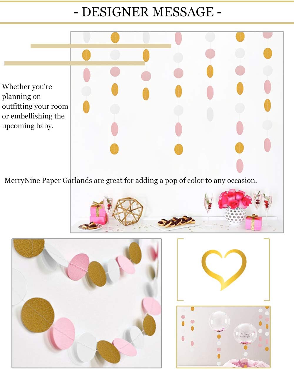 MerryNine Paper Garland 5 Pack, 65 Ft Glitter Paper Garland Circle Dots Hanging Decor, Banner for Baby Shower, Birthday, Nursery Party Decor (Pink White Gold)