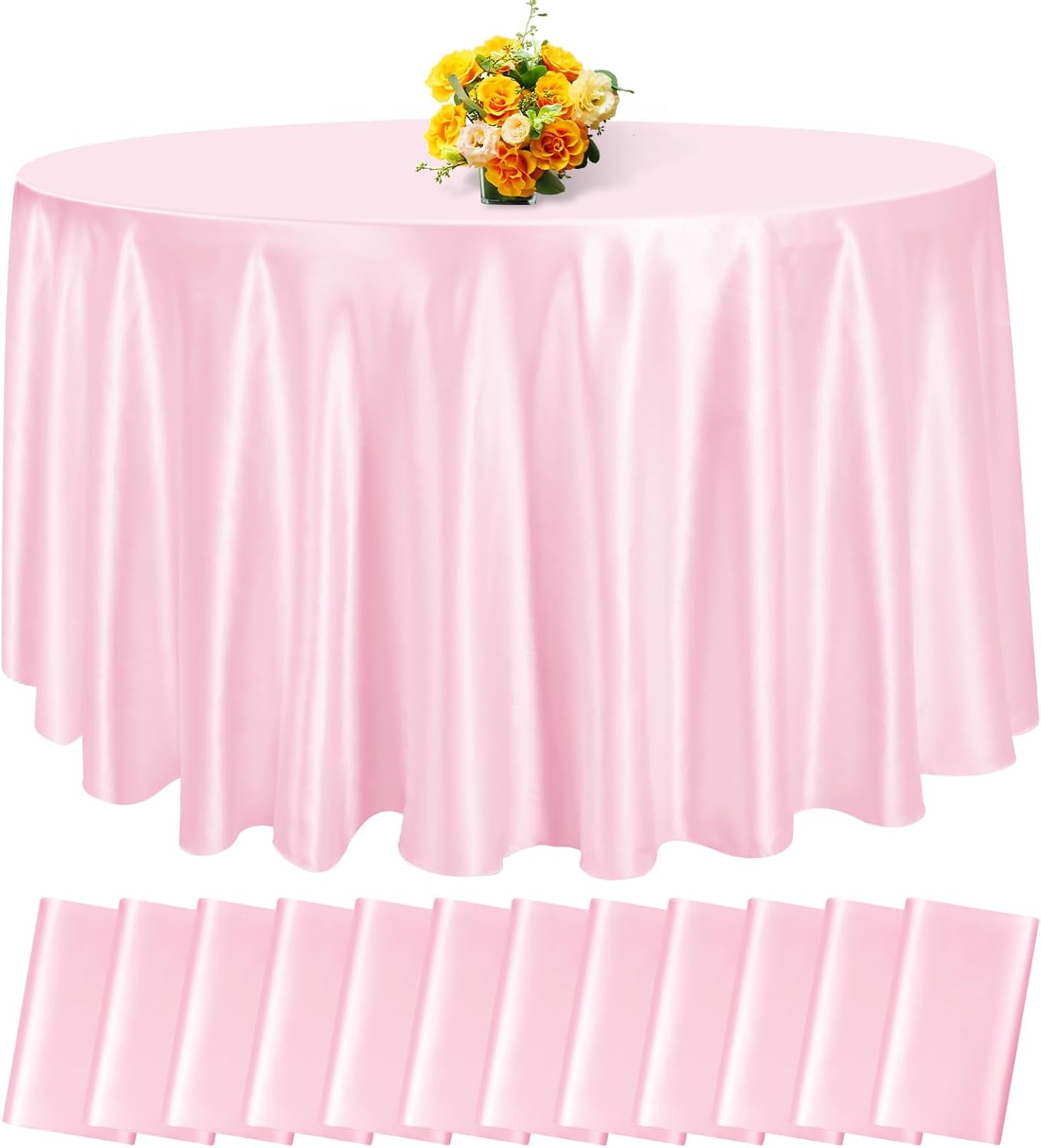 fani 12 Pack 108 Inch Light Pink Satin Tablecloth - Silky Round Tablecloth Overlay Smooth Fabric Table Cover, Bright Table Decoration for Wedding Party Banquet Events Restaurant Kitchen Dining
