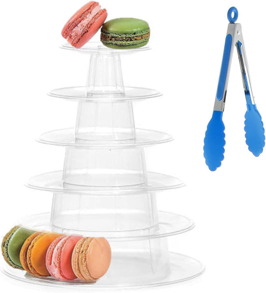 6 Tiers Macaroon Tower Stand with 8'' Silicone Tongs, Round Macaron Tower Cake Display Rack Plastic Cupcake Stand Macarons Desserts Serving Tray for Birthday Wedding Party Decor (6 Tiers with Tongs)