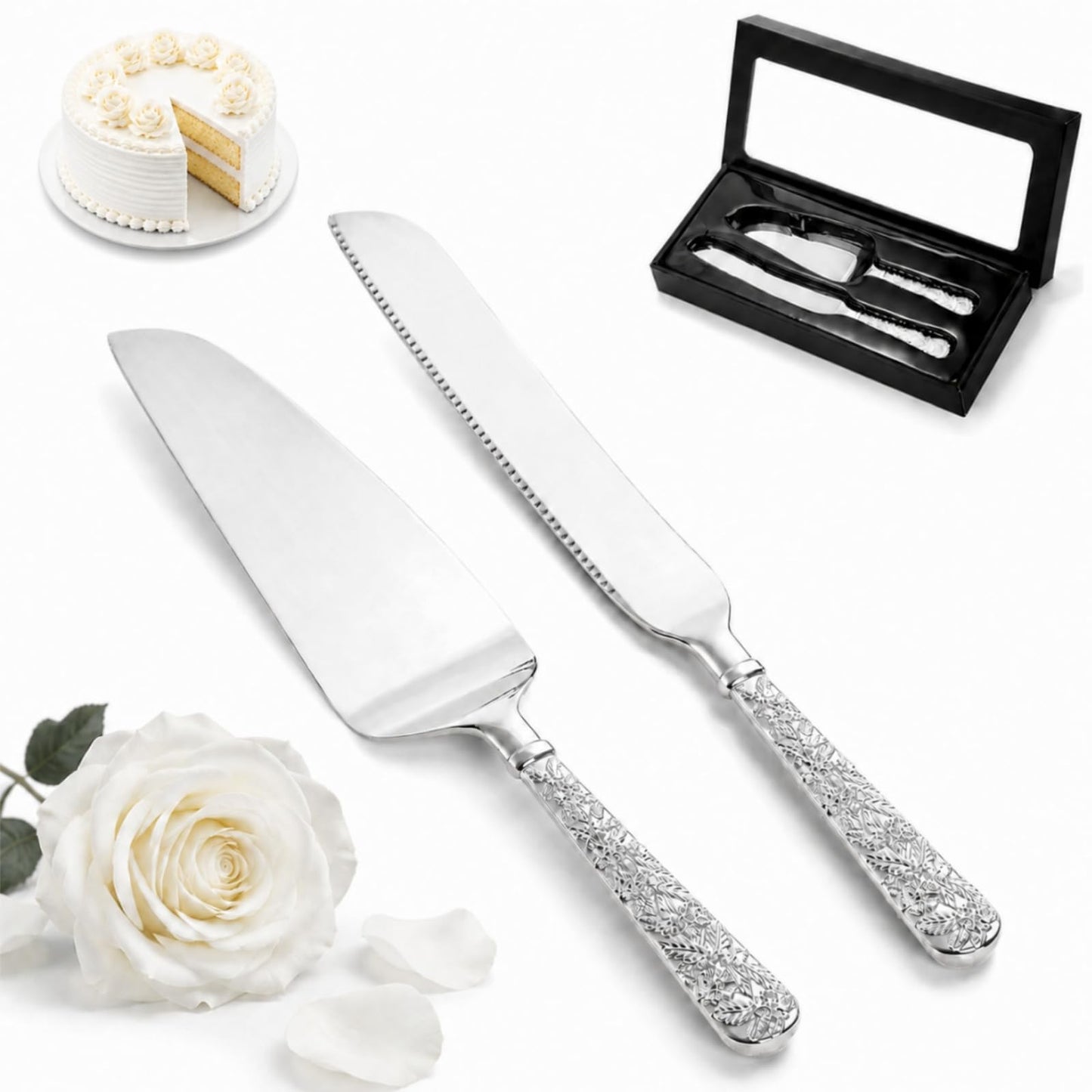 Dicunoy 2 PCS Wedding Cake Knife and Server Set, Silver Cake Cutting Set, Vintage Engraved Cake