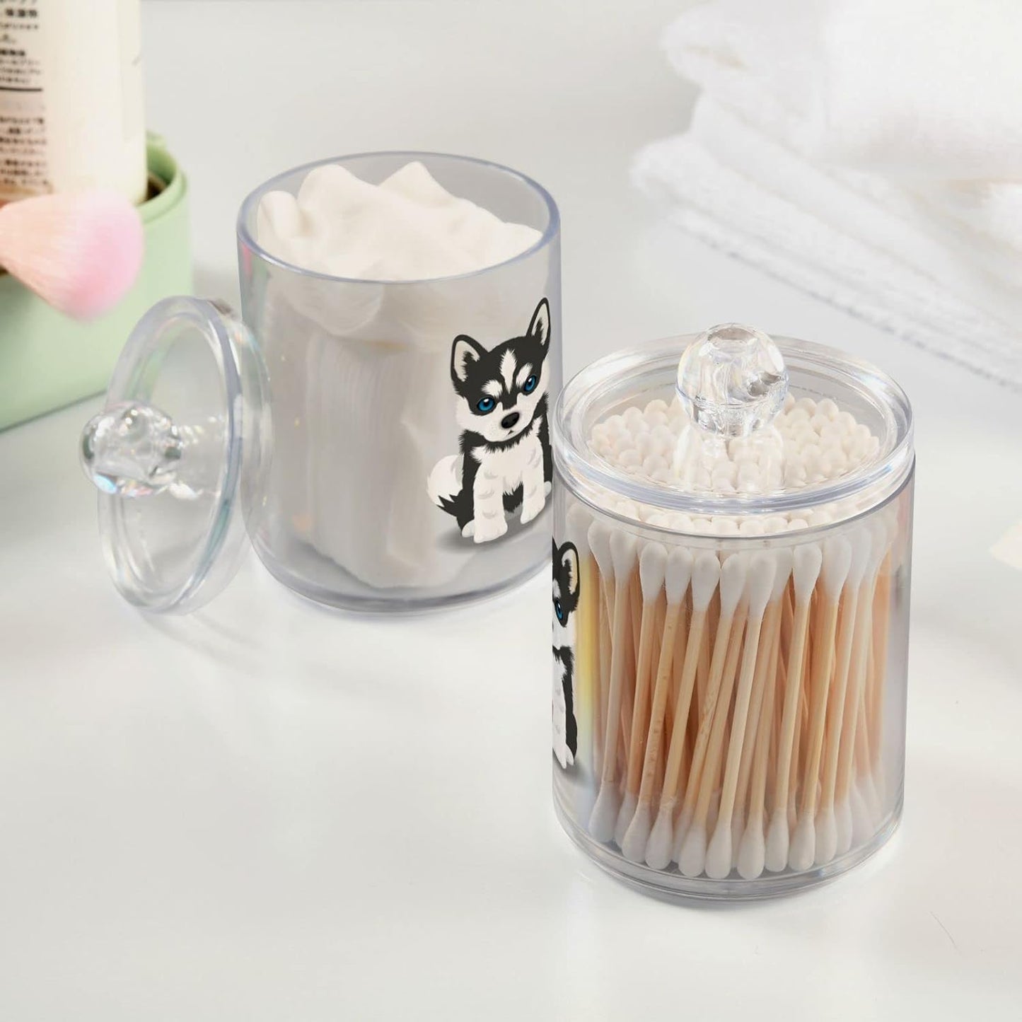 2 Pack Qtip Dispenser Apothecary Jars Dog Bathroom Organizer, Siberian Husky Puppy Qtip Holder Storage Canister Plastic Acrylic Jar for Cotton Ball/Swab/Rounds