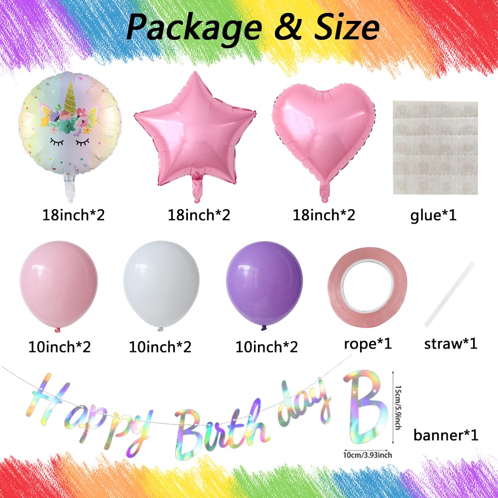 Unicorn 5th Birthday Party Decorations for Girl Purple Pink Theme Balloon Set, Large Rainbow