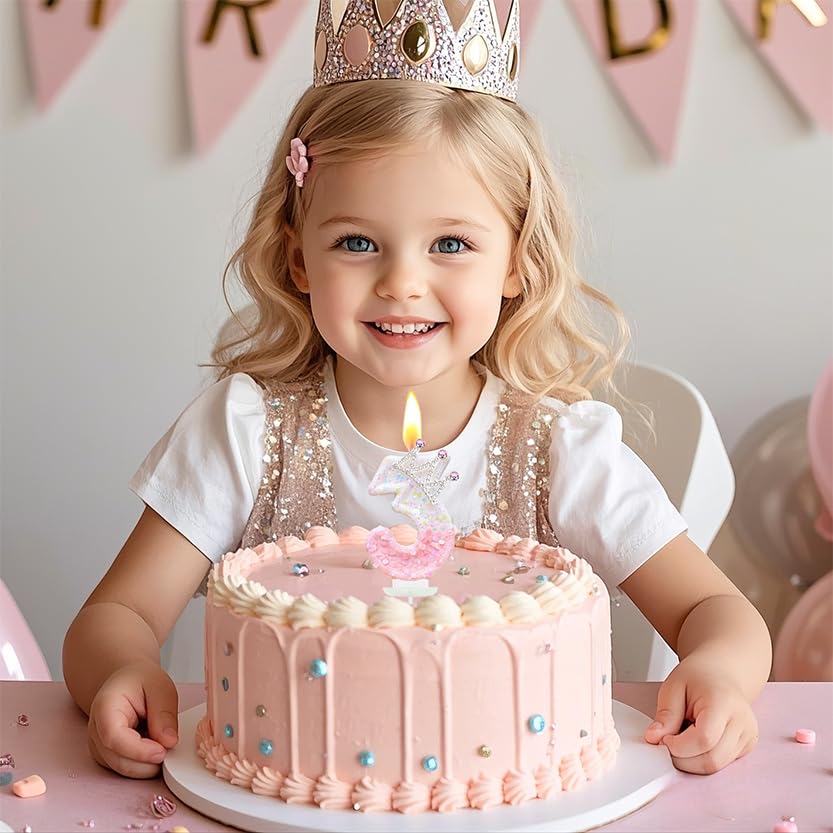 Pink Birthday Number 4 Candle for Cake, Pink Crown Cake Topper Princess Birthday Party Decorations