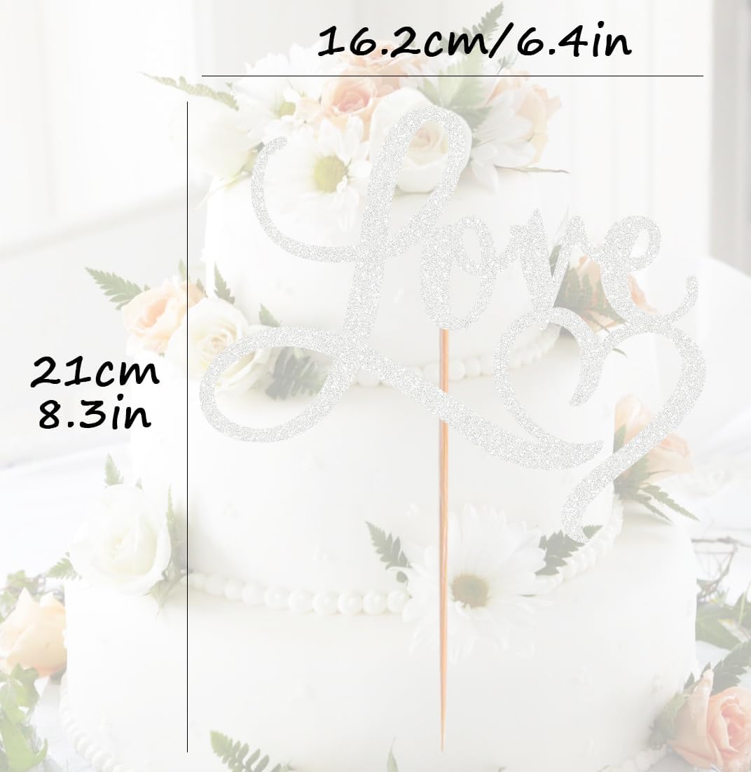 Love Cake Topper - Silver Glitter Paper Wedding Cake Decoration Supplies, Perfect for Bridal Shower/Engagement/Anniversary/Birthday Party