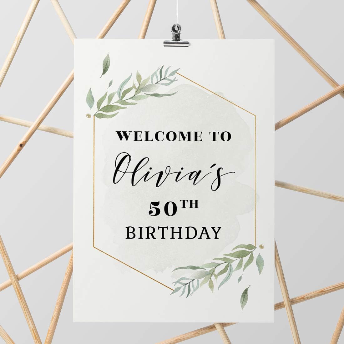 Andaz Press Personalized Extra Large Birthday Easel Board Party Sign, 12x18-inch, Modern Black, Gold with Green Leaves Florals, Welcome to Olivia's 50th Birthday, 1-Pack, Custom Name Age