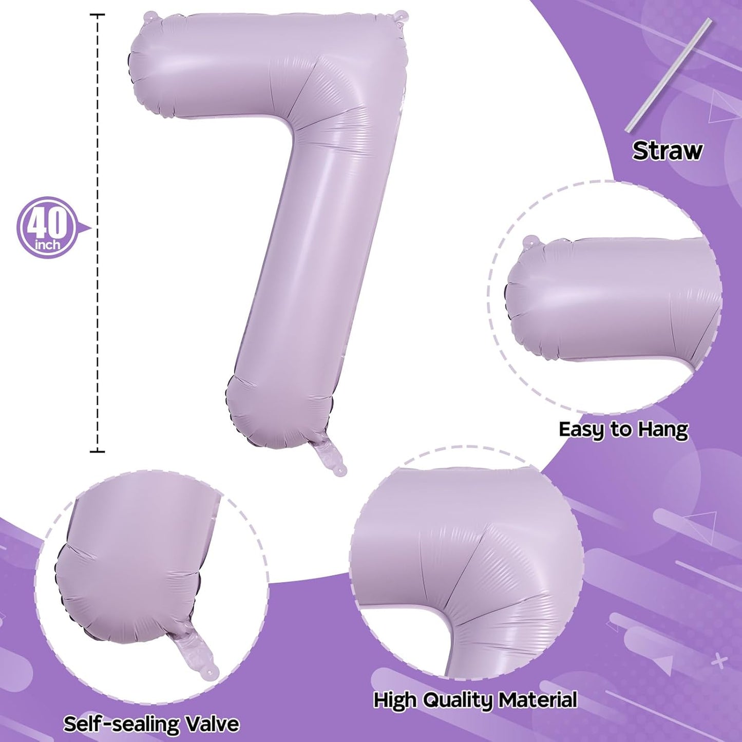 40 Inch Balloon Number 7 Pastel Purple, Large Mylar Foil Light Purple Number Seven Balloons Set for Girls Women, Dusty Lilac Globos de Numero 7 Helium Balloons for Girls 7th Birthday Party Decorations