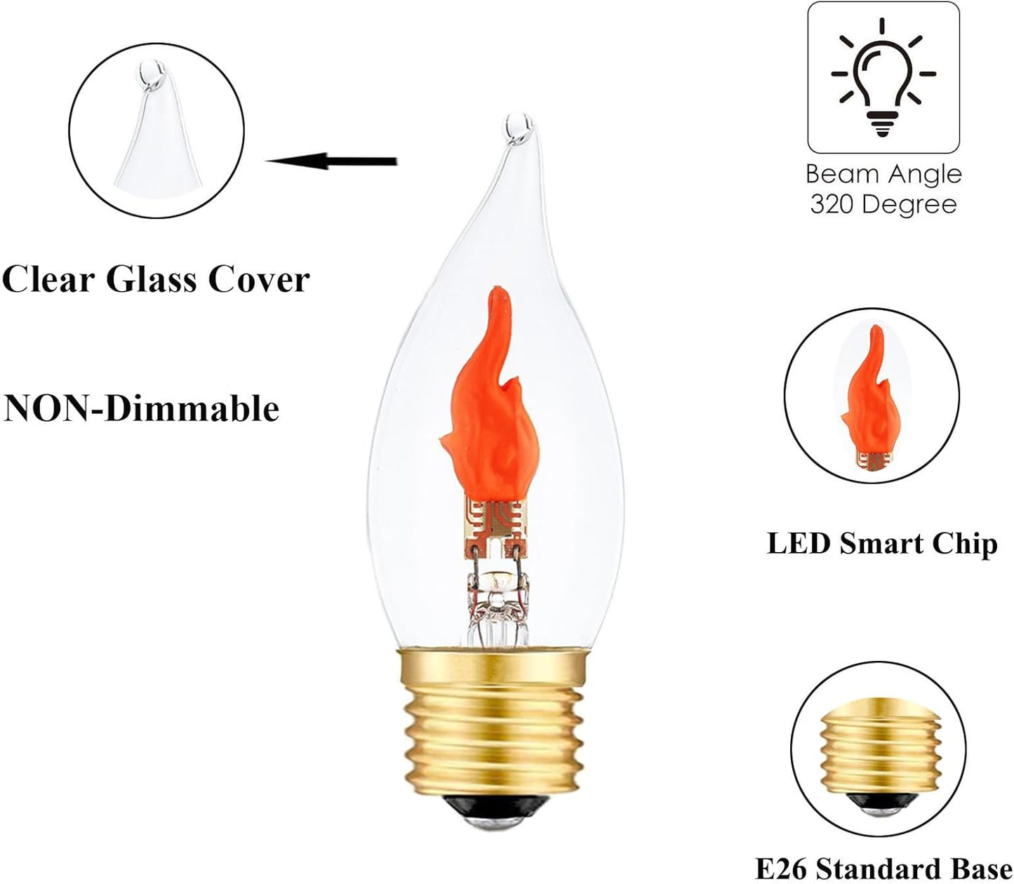 Flickering Light Bulbs E26 Flame Bulb, LED Fire Effect Flickering Small Flame Candle Light Bulbs for Christmas Halloween Party, 2 Pack