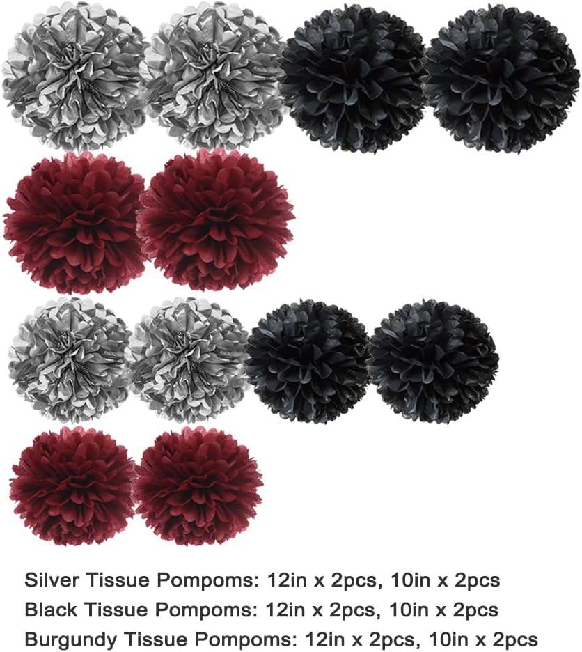 Burgundy Silver Black Tissue Paper Pom Poms Flower for Birthday Wedding Graduation Retirement Party Decoration, 12pc