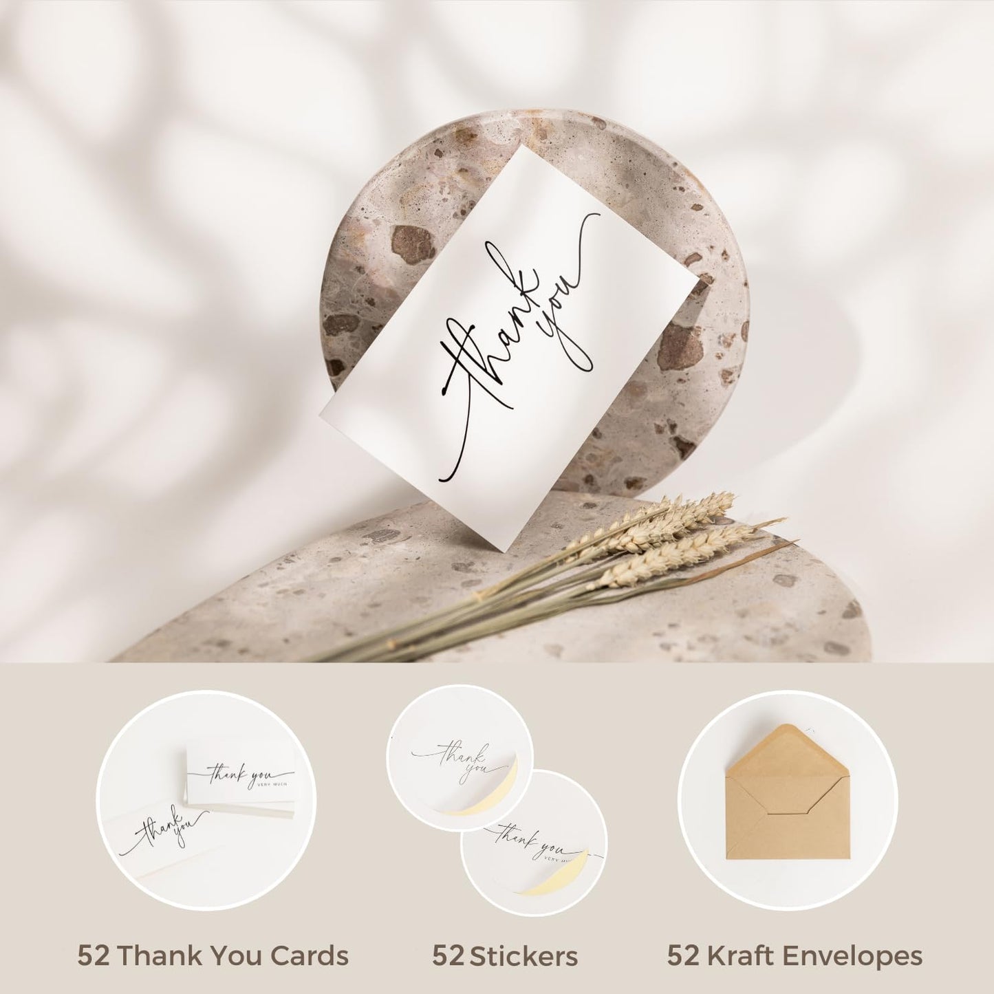 SPIRITDUST 52-pack Thank You Cards Bulk with Kraft Envelopes & Matching Stickers, 3.5x5 Inches