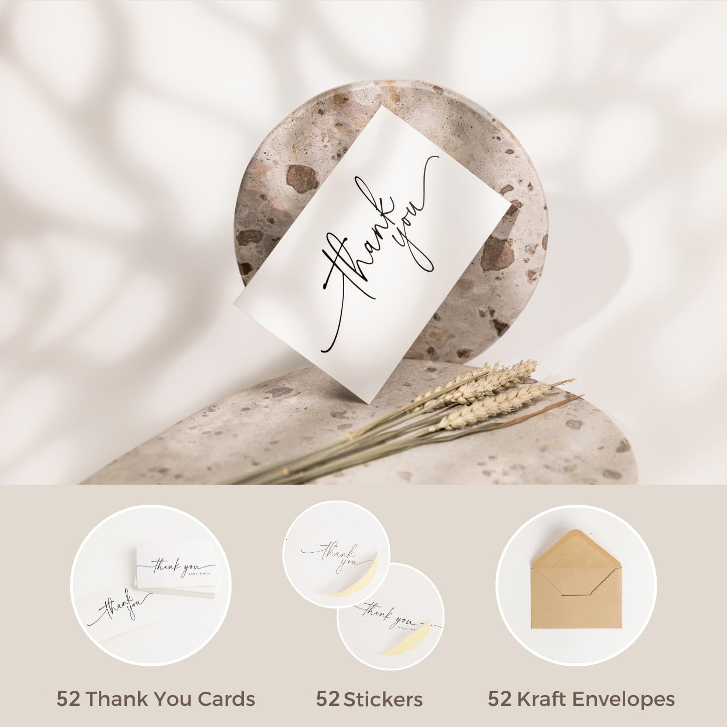 SPIRITDUST 52-pack Thank You Cards Bulk with Kraft Envelopes & Matching Stickers, 3.5x5 Inches