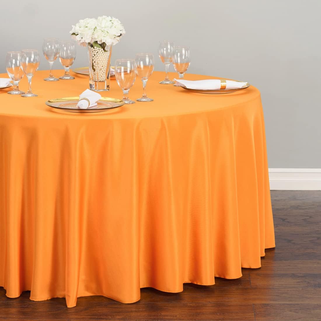 LTC LINENS 5 Pack 120 Inch Round Tablecloth Orange - Bulk for 60 Inch Round Table Floor Length - Washable, Wrinkle Resistant Polyester Fabric Cloth for Party