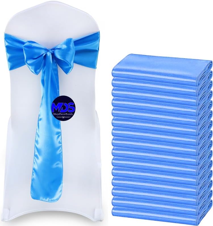 MDS Pack of 200 PCS Satin Chair Sashes Charmeuse Sateen Dining Chair Bows Ribbon Ties Back Sash for Wedding Party Birthday Home Hotel Restaurant Banquet Decoration (7 x 108 Inch, Blue)