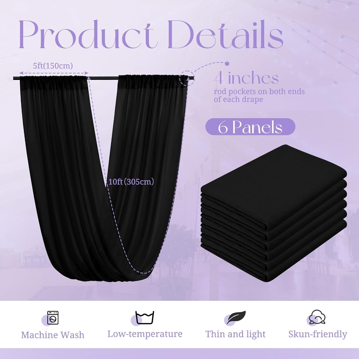 6 Panels Black Ceiling Drapes for Wedding, 5ftx10ft Ceiling Drapes Cheesecloth Sheer Fabric Curtain Wedding Arch Draping Fabric Romantic Ceilings Decorations for Weddings Party Ceremony Stage