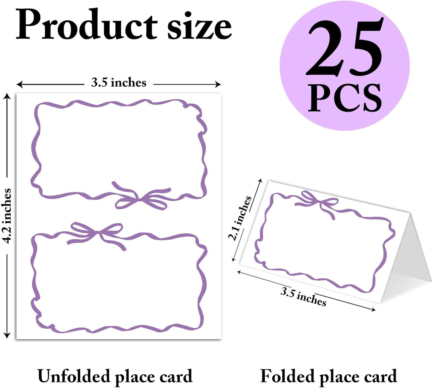25 Pack Purple Bow Wave Place Cards, Editable Name Cards for Table Setting, Tent Cards Food Label for Dinner Party, Bridal Shower, Wedding, Baby Shower and Events -T16