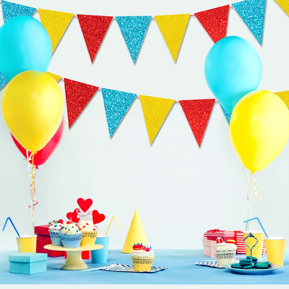 45 Pieces Colorful Pennant Flags - 49ft Carnival Theme Party Garland Banner Yellow Blue Red Glitter