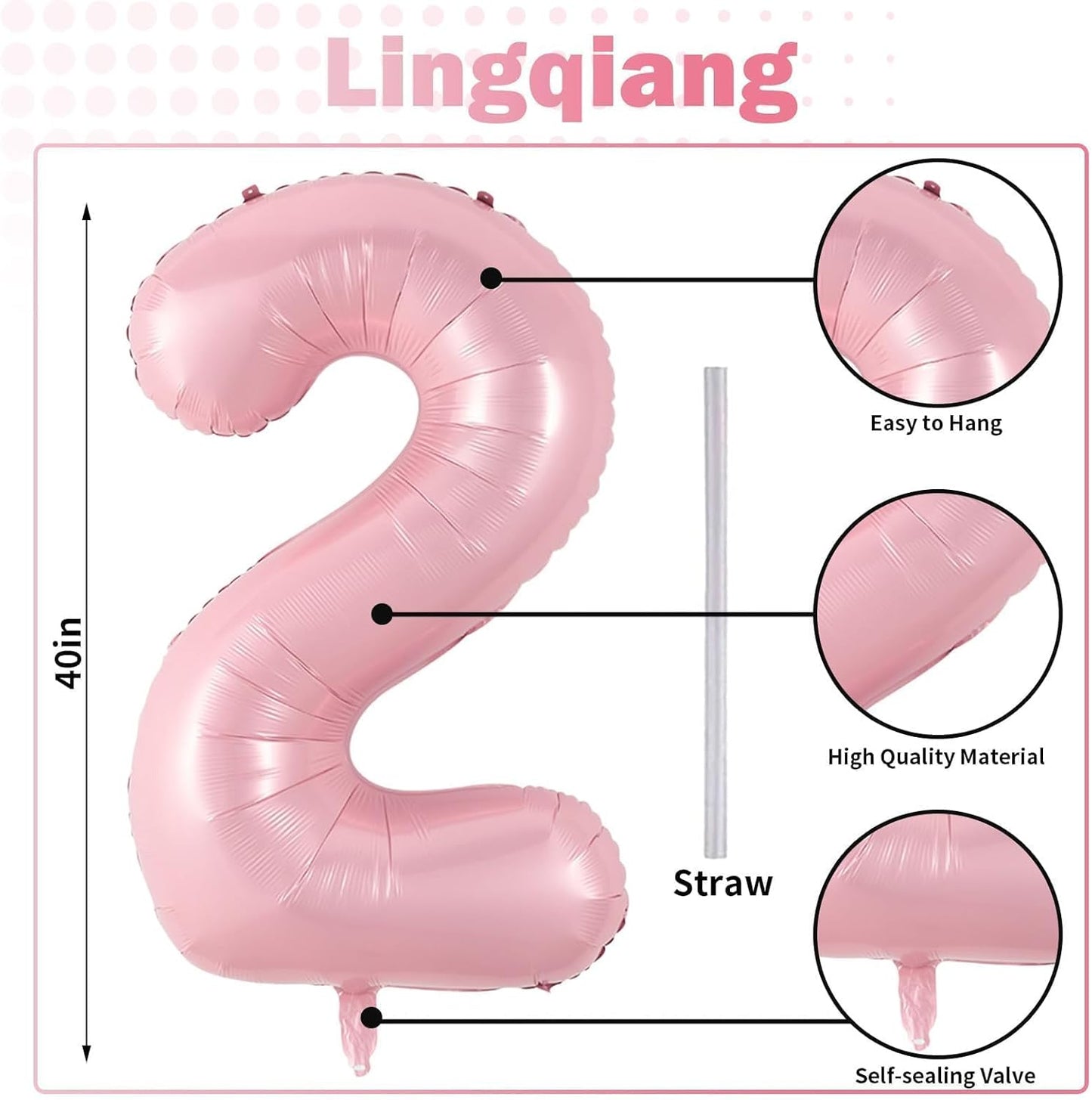 40 Inch Balloon Number 2 Pastel Pink, Large Foil Light Pink Number Balloons Set 0-9 for Girls Women, Digital 2 Helium Balloons for Girls 2nd Birthday Graduation Princess Party Decorations
