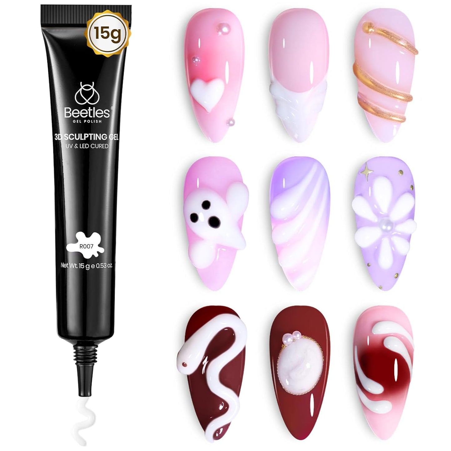 Beetles Sculpting Gel 3D Nail Art - Halloween White No Wipe Nail Polish 3D Rhinestone Building Multi-Function Drawing Gel for DIY Manicure Designs