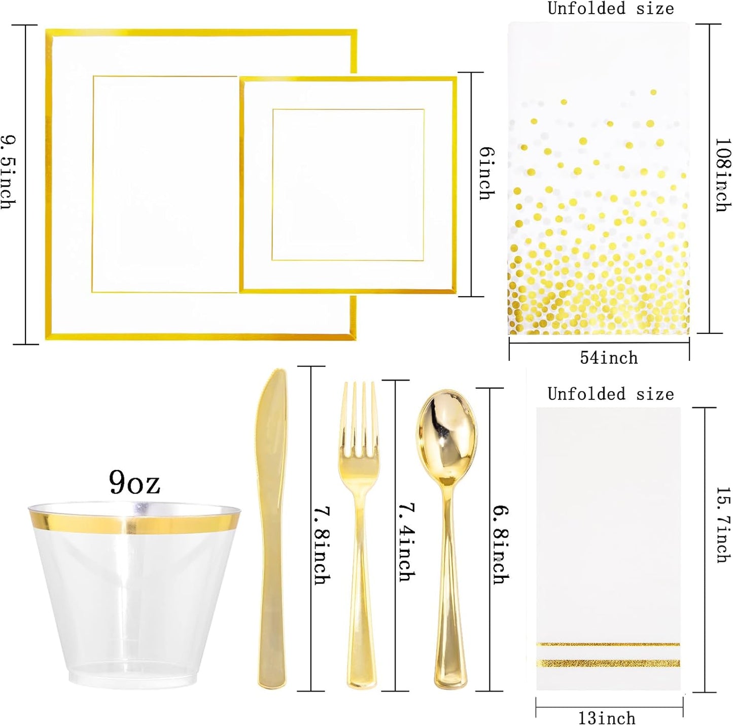 Festiva 176Pcs Gold Plates Disposable - Square Party Plates Dinnerware Sets - include Cups,Plastic Cutlery,Hand Napkins，Tablecloth for 25 Guests Party&Wedding&Christmas&Thanksgiving