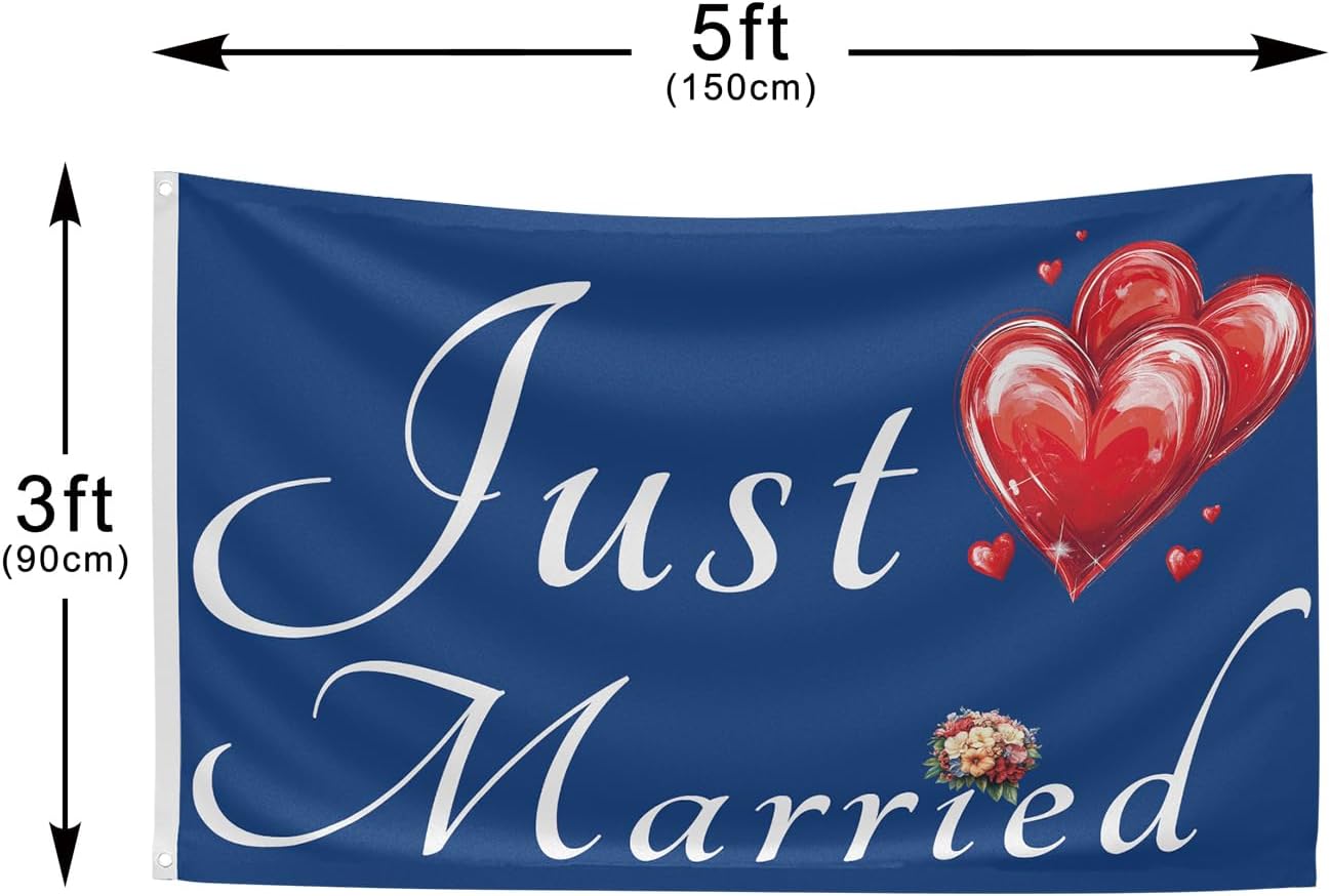 Just Married Flag Banner Outdoor Indoor Decoration Flag 3x5 FT Double Stitched Polyester with Brass Grommets (Blue)