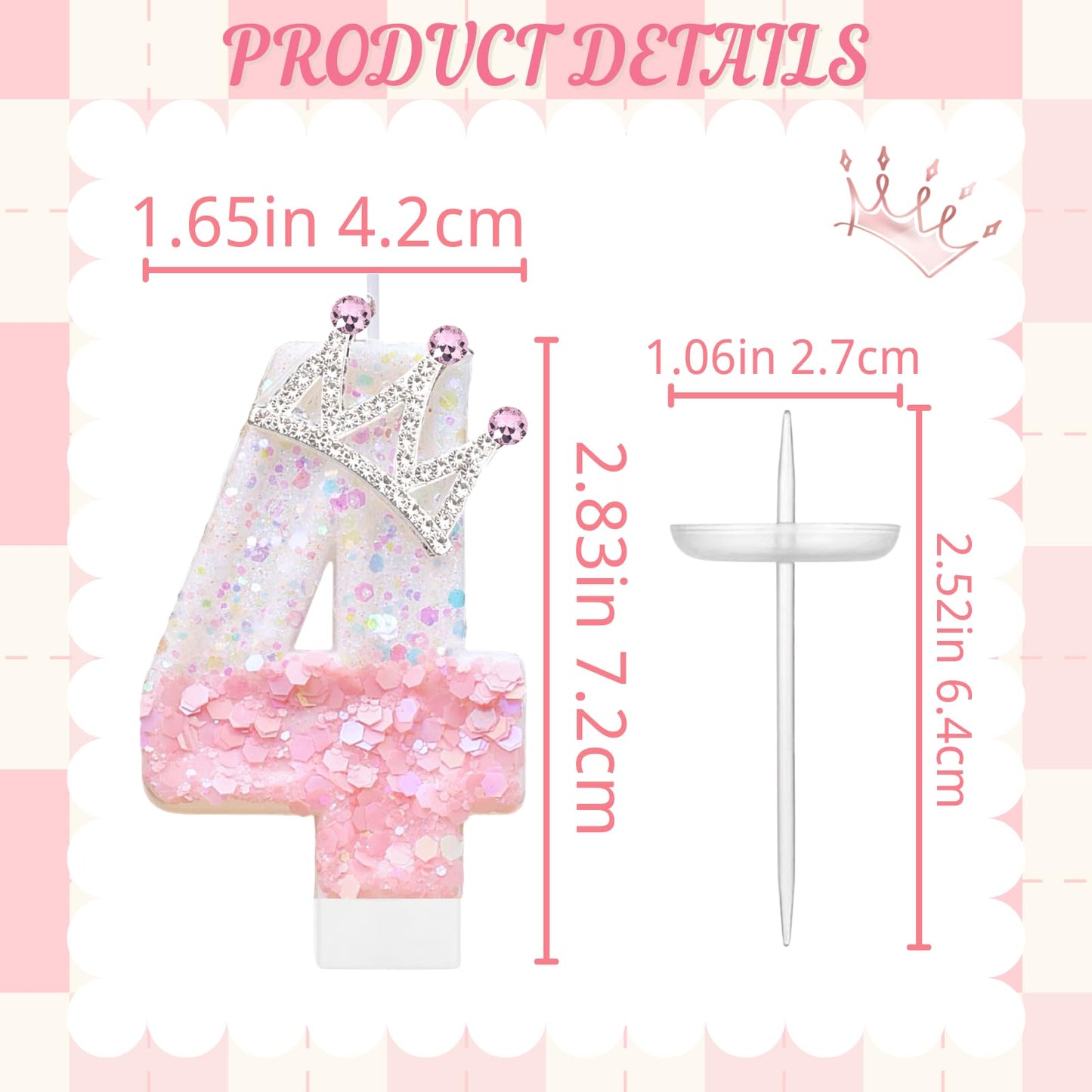 Pink Birthday Number 4 Candle for Cake, Pink Crown Cake Topper Princess Birthday Party Decorations