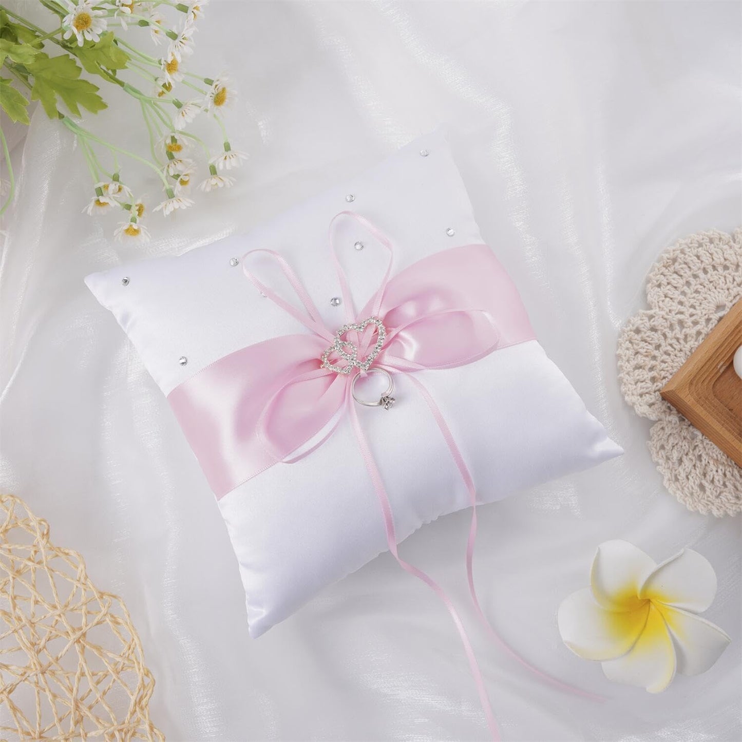 QIRMIZI Wedding Ring Pillow and Flower Girl Basket Set – Adorned with Pearl Rhinestones, White Satin,Pink