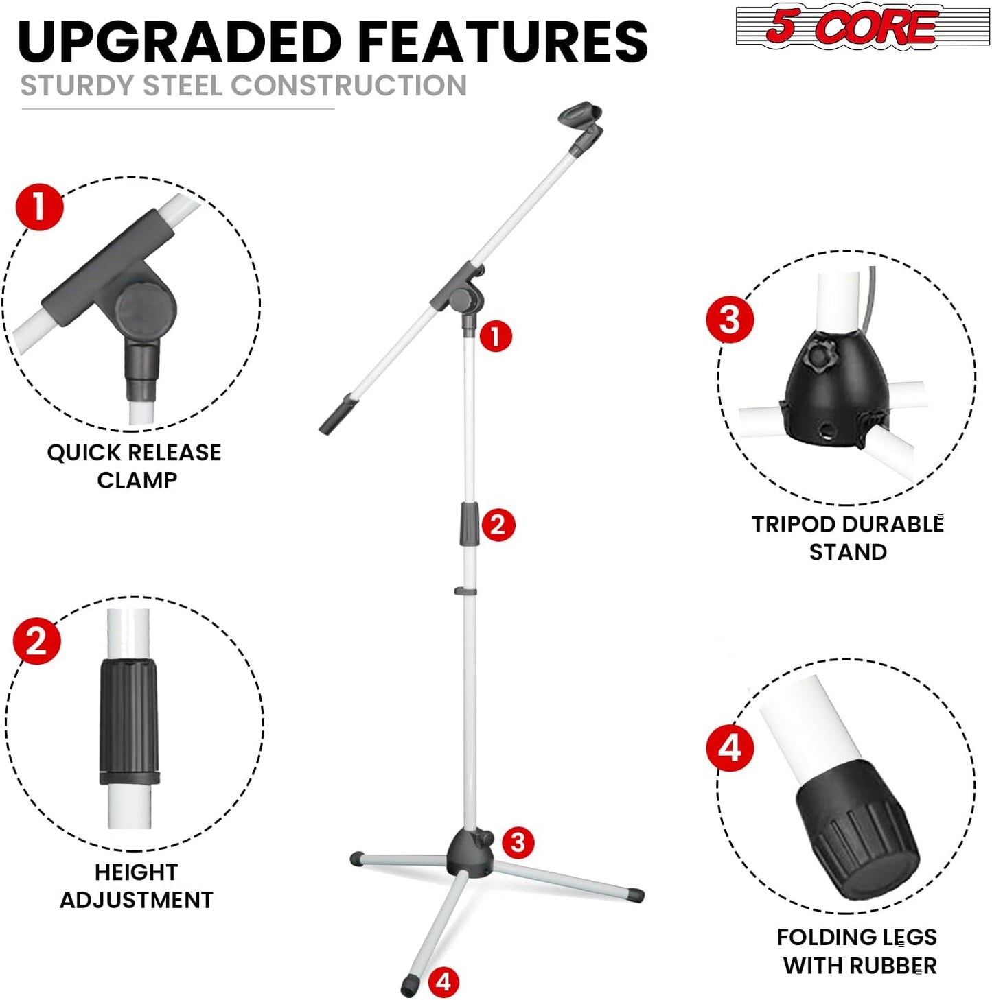 5 Core Tripod Mic Stand Floor Adjustable 18 to 72 Inches Sturdy Boom Arm Holder Microphone Stands Pedestal Para Microfono for Singing - MS 080 WH