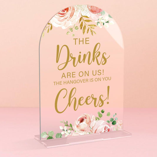 Acrylic Wedding Signs, Bridal Shower Decorations, The Drinks Signs for Reception, Modern Calligraphy Arch Acrylic Table Top Sign for Wedding Reception and Engagement Parties (Clear Pink Flowers)