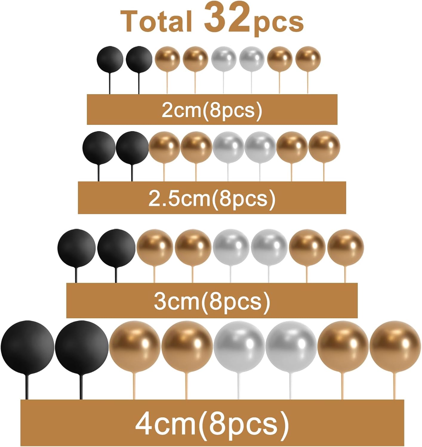ASTARON 32 Pcs Ball Cake Topper Decorations Mini Balloons Cake Topper Sticks Foam Balls Cake Picks for Graduation Wedding Party Birthday Cake Decorations (Gold Silver Black)