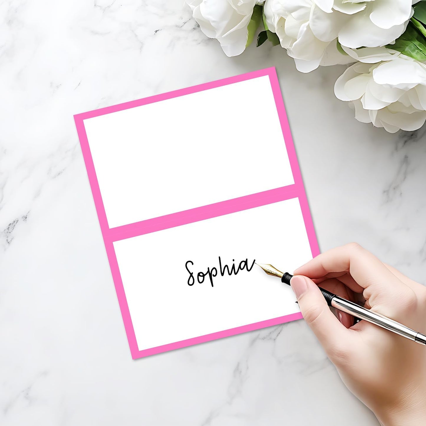 25 Pack Pink Border Place Cards, Editable Name Cards for Table Setting, Tent Cards Food Label for Dinner Party, Bridal Shower, Wedding, Baby Shower and Events -T10