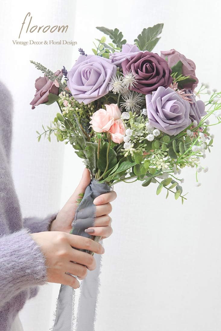 Floroom Artificial Flowers 25pcs Real Looking Plum Foam Fake Roses with Stems for DIY Wedding Bouquets Bridal Shower Centerpieces Floral Arrangements Party Home Decorations