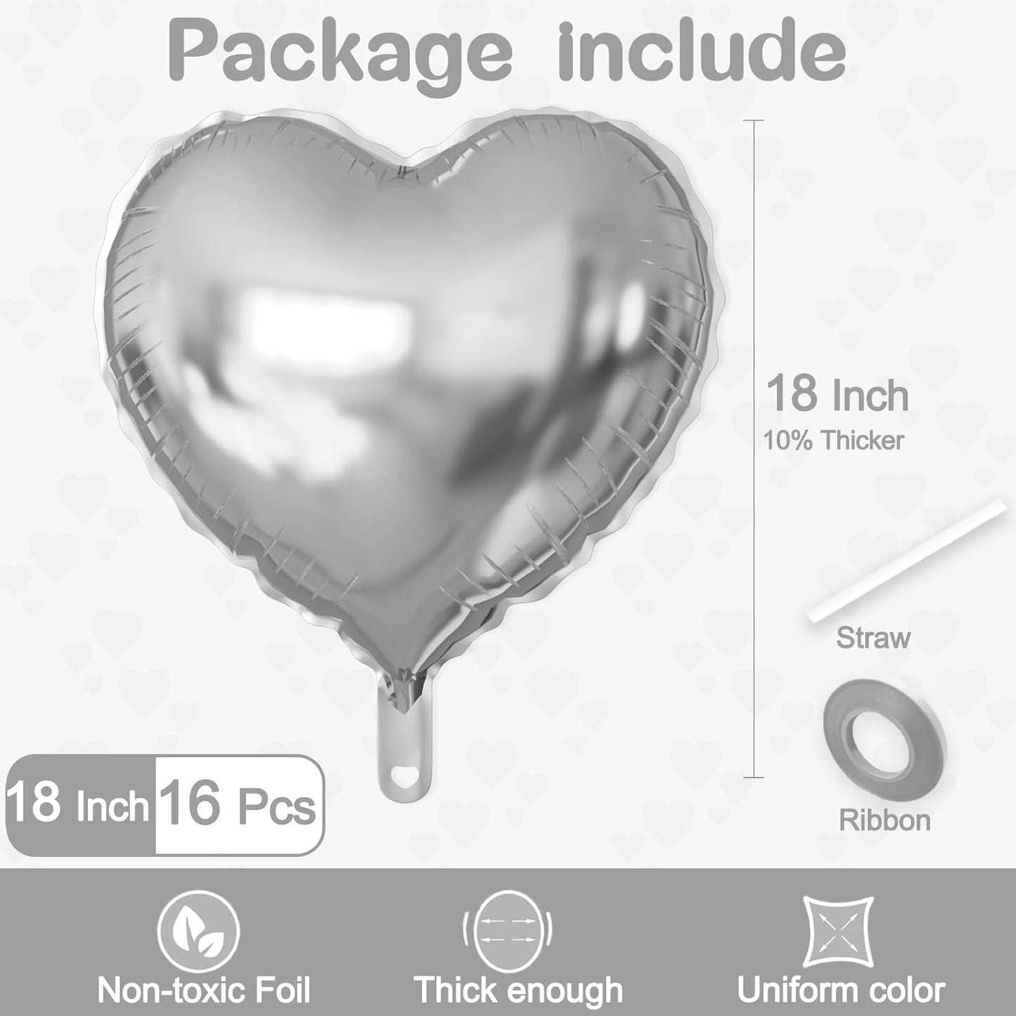 16 Pcs Heart Balloons, 18 Inch Silver Love Heart Shaped Foil Balloons for Wedding Anniversary Birthday Party Valentine Decorations Baby Shower Bridal Shower Engagement Decorations Supplies