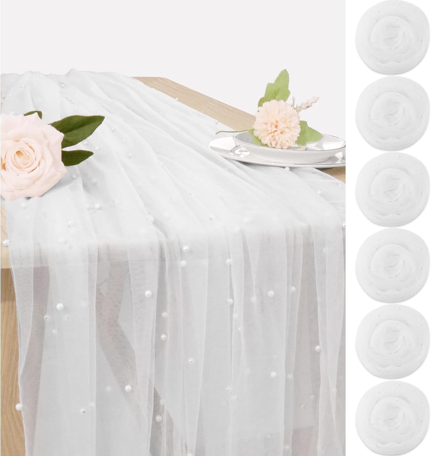 Set of 6 Pearl Table Runner 29 x 120 Inch White Tulle Fabric Lace Table Runners Boho Rustic Table Runners for Bridal Shower Birthday Party Wedding Arch Aisle Veil Dessert Table Decor(White)