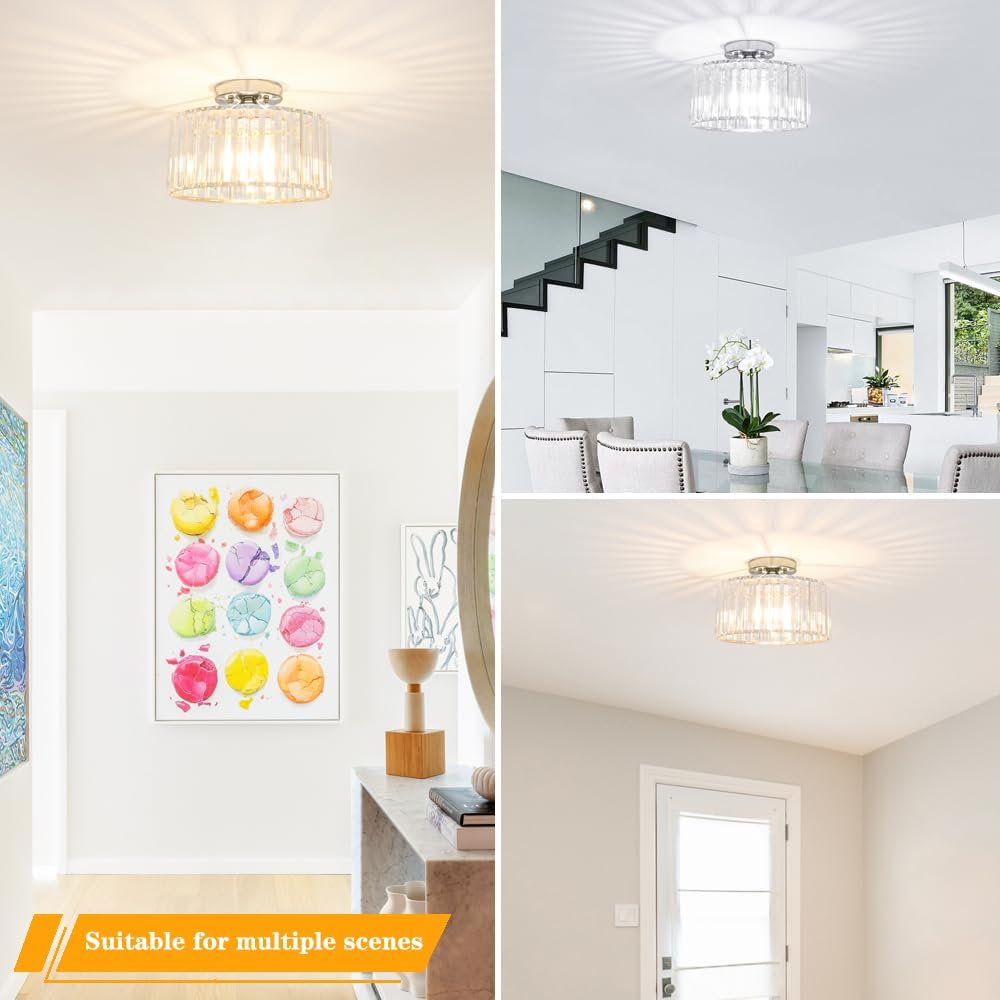 Crystal Ceiling Light Fixture, Chrome Close To Ceiling Light Fixtures, Modern Semi Flush Mount Ceiling Light, Hallway Lighting Fixture Chandelier for Bathroom Bedroom Porch Kitchen Living Room, 11in
