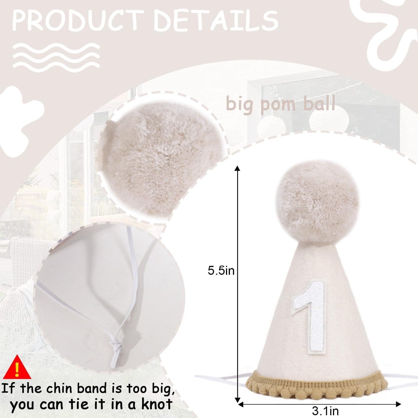 MAMUXI Natural Boho Birthday Hat - 1st Birthday Hat,Natural Boho First/1st Birthday Decorations,Cake Smash Photo Prop