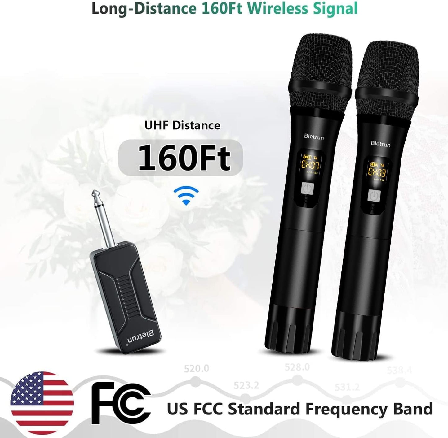 Wireless Microphone, Bietrun UHF Metal Dual Handheld Cordless Dynamic Mic System with Rechargeable Receiver, 1/4‘’Output, for Karaoke, Church, Speech, Wedding, Party Singing(160 ft Range)-Auto Connect