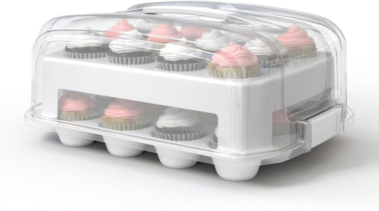 Cupcake Carrier, EXTRA LARGE LID, White Cupcake Holder Carries 24 Standard-Size Cupcakes, Muffin Traveler Two Tier Stand Reusable Cupcake Box
