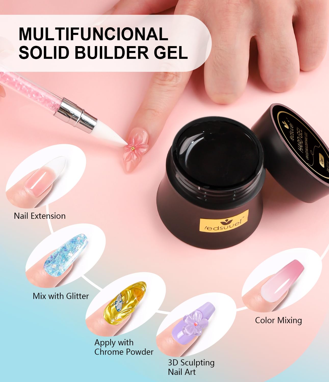 Solid Builder Gel for Nails LEDSUUEI - Clear 3D Nail Gel Sculpting Non-Sticky Hand Carving Glue Extension with 96PCS Extension for Manicure Salon Home Decoration DIY 20g