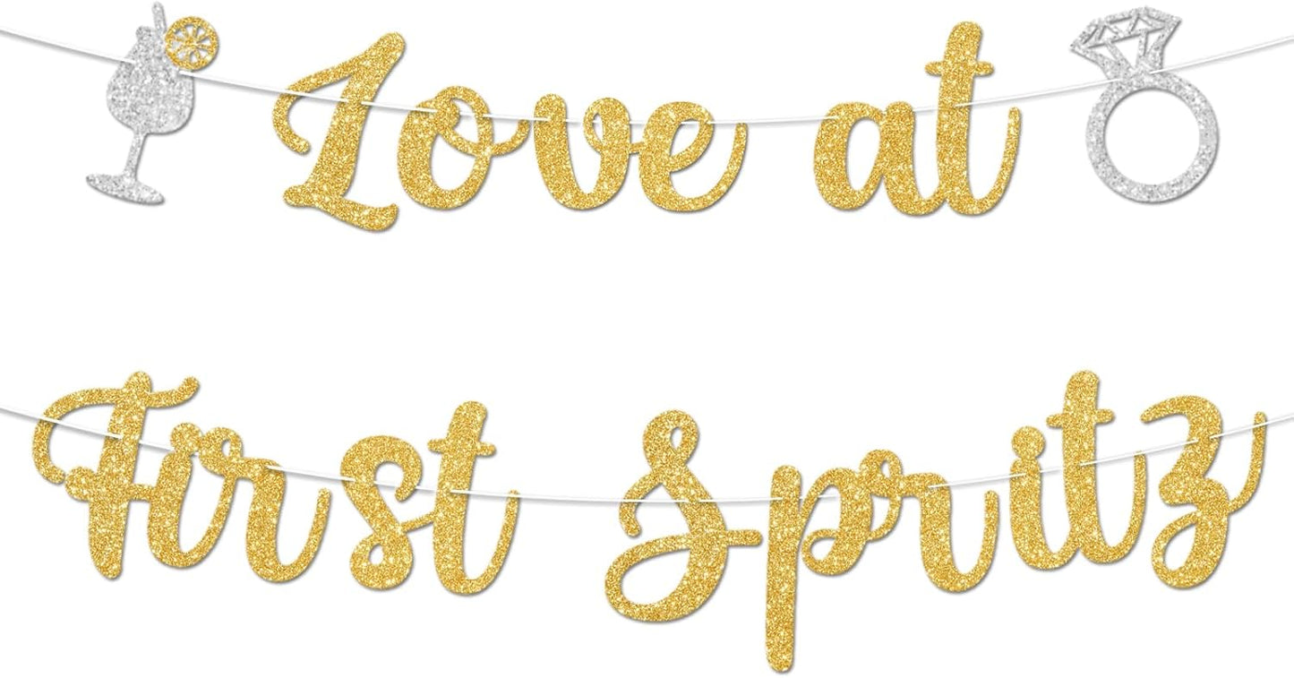 Love At First Spritz Wedding Banner - Bridal Shower Decorations, No Diy, Glitter Just Engaged Spritz Party Banners for Wedding/Engagement/Bachelorette Party Decorations Supplies, Gold.