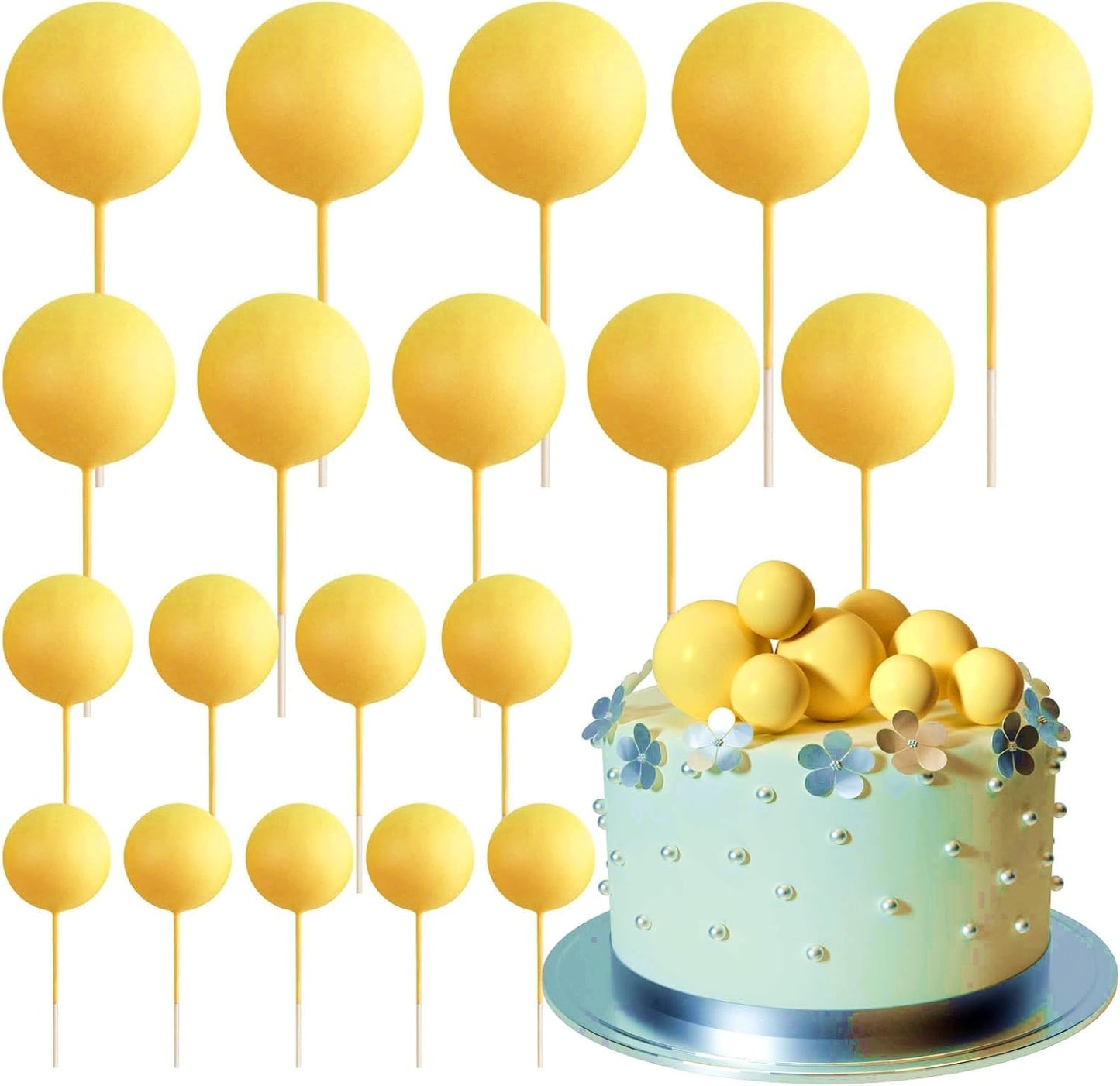ASTARON Pack of 20 Cake Decoration Balls Cake Toppers, Mini Balloons Cake Toppers for Wedding Party Baby Shower Birthday Cake Decorating (Yellow)