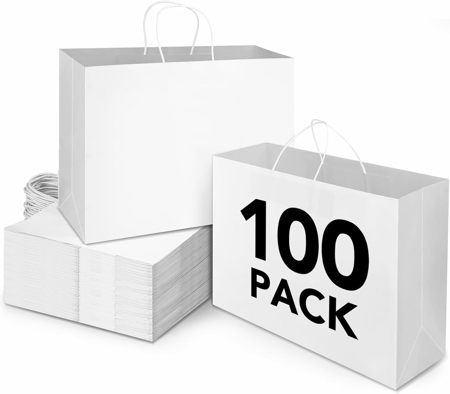 BURVAGY 16x6x12 Inch 100 Pcs Kraft Paper Bags with Handles Bulk, Kraft Shopping White Large Recycled Gift Paper Bags with Handles for Small Business, Retail,Boutique,Grocery