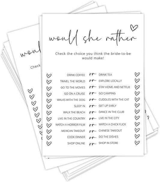 Bridal Shower Games, Would She Rather, 25Pcs Minimalist White Double-Sided Bridal Game Cards, Wedding Shower Games for Guests, Engagement Bachelorette Party Supplies - A15