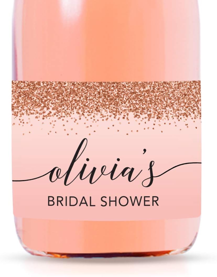 Andaz Press Personalized Mini Wine Bottle Labels, Bridal Shower, Blush Pink Faux Rose Gold Glitter, 20-Pack, Custom Champagne Labels