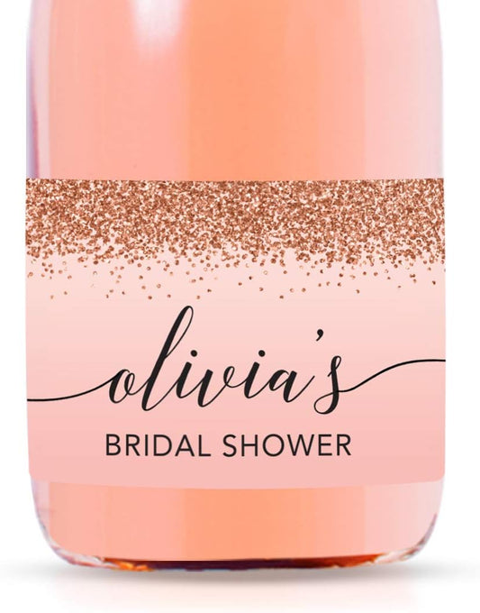 Andaz Press Personalized Mini Wine Bottle Labels, Bridal Shower, Blush Pink Faux Rose Gold Glitter, 20-Pack, Custom Champagne Labels