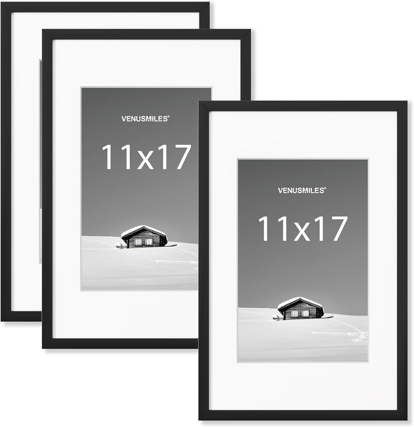 11x17 inch Picture Frame,11x17 Photo Frames with Removable Mat - High Definition Plexiglass - Vertical and Horizontal Display - Wall Hanging Frame - Black, 3 Pack
