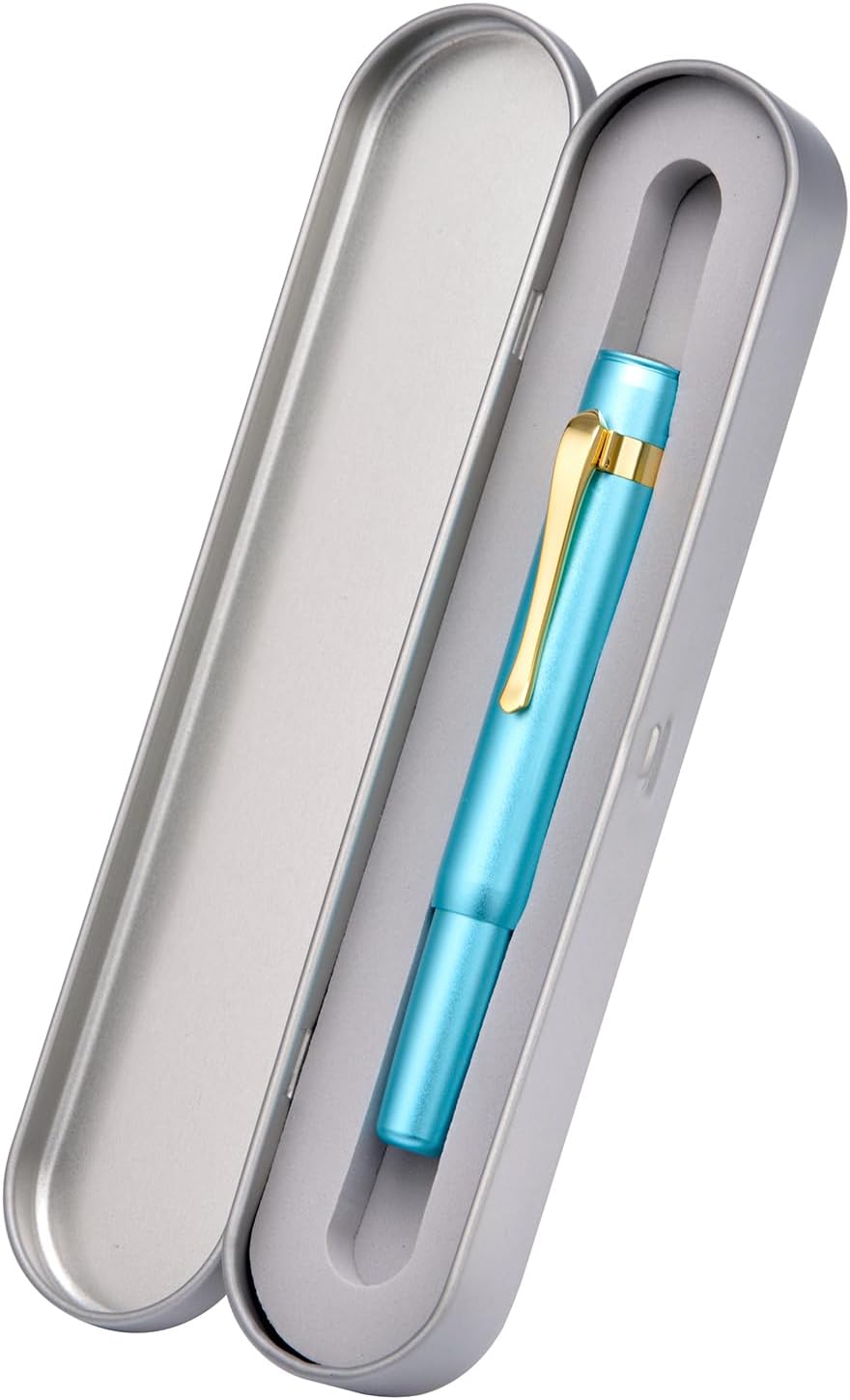 HONG DIAN M2 Black Forest Mini Fountain Pen, Fine Soft Nib & Sleek Shape Aluminium Short Pocket Travel Pen (Lake Blue)